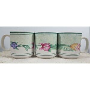 Oneida Genuine Stoneware Set of 3 Tulip Garden Floral Pattern Coffee Mugs - EUC-